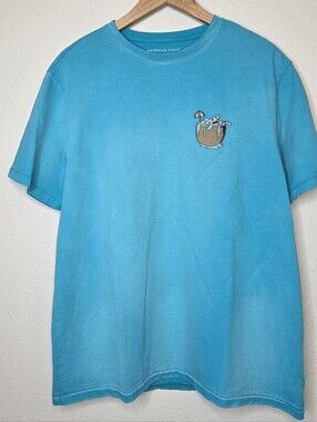 American Eagle Sun Faded Graphic Tee Turquoise Blue Embroidered Shark Size Large